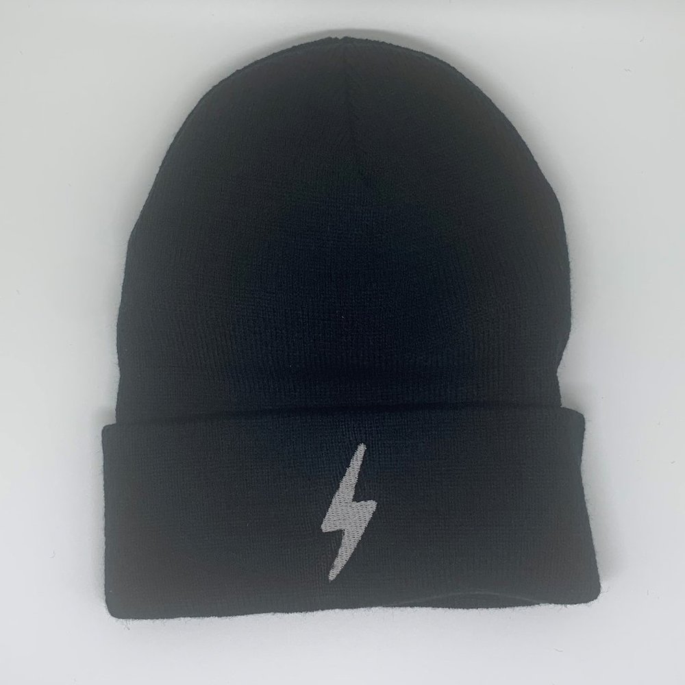 Black Knit Beanie with Silver Lightning Bolt, brand new